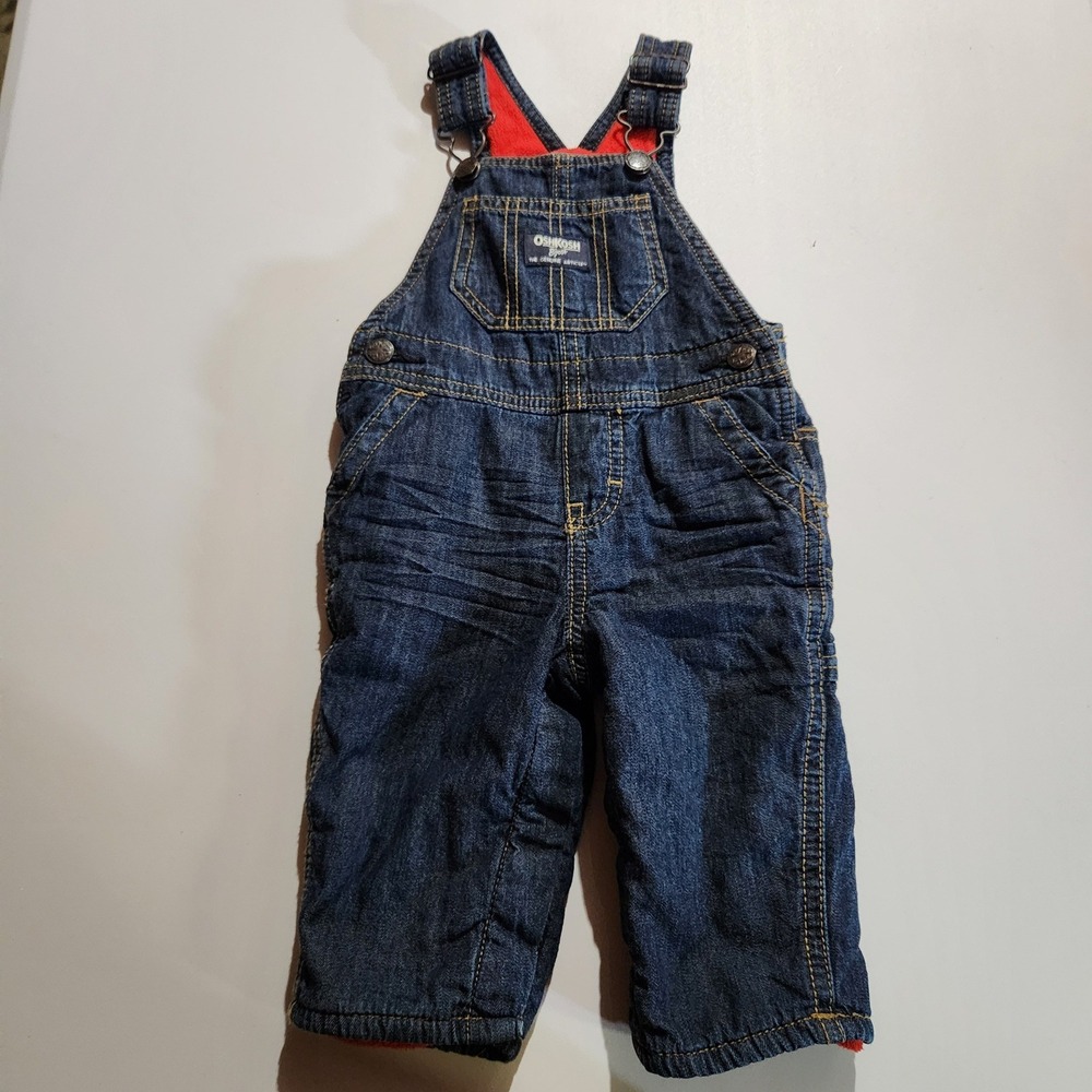 OshKosh B'gosh Fleece Lined Denim Baby Overalls Vestbak Denim Red Fleece Lining